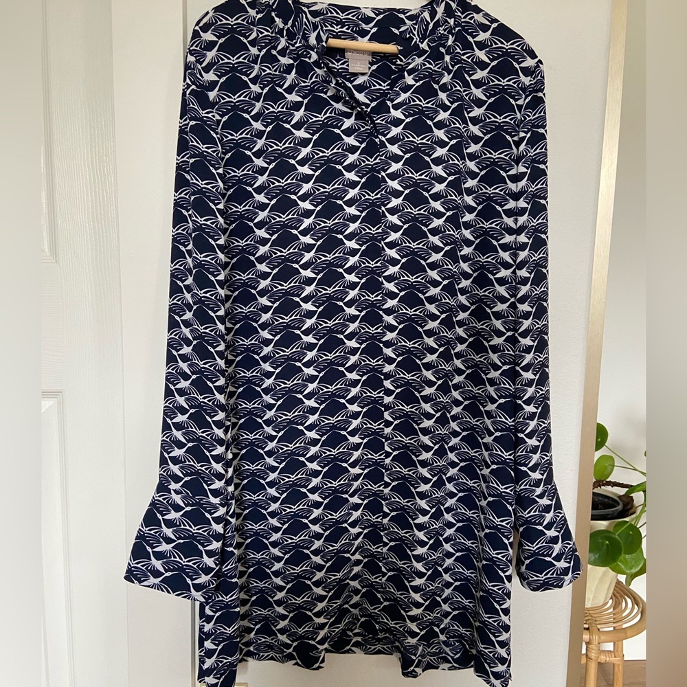 Chico's Navy Geo Bird Print Button Front Mandarin Collar Tunic Side Slits XL
